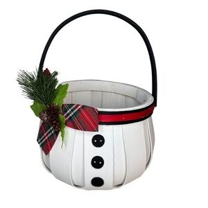 NEW Christmas White Black & Red Snowman Wooden Basket with Handle